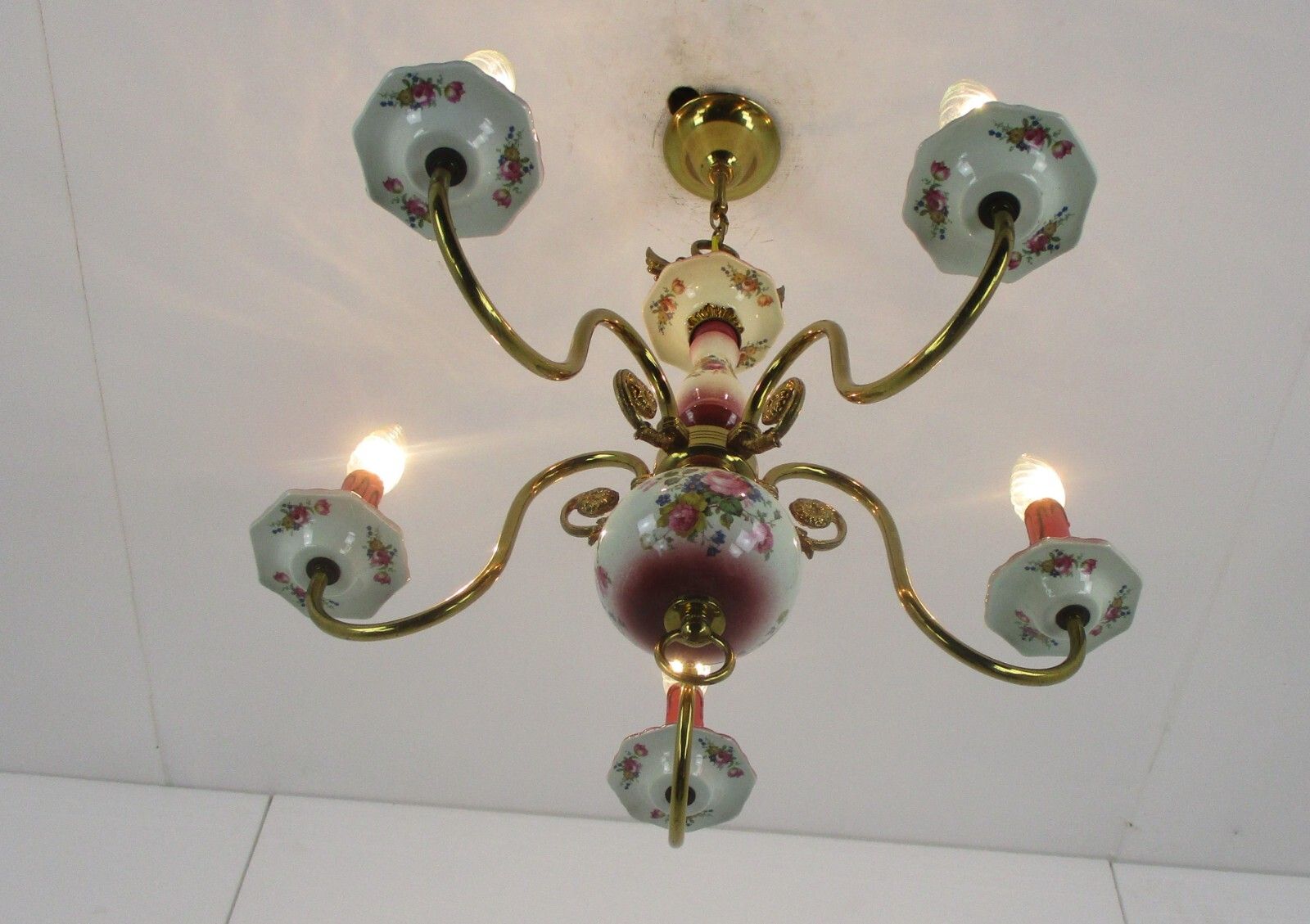 Chandelier 5 Arm Lights Italian  Porcelain Flowers Ornate Brass Mid Century photo furniture