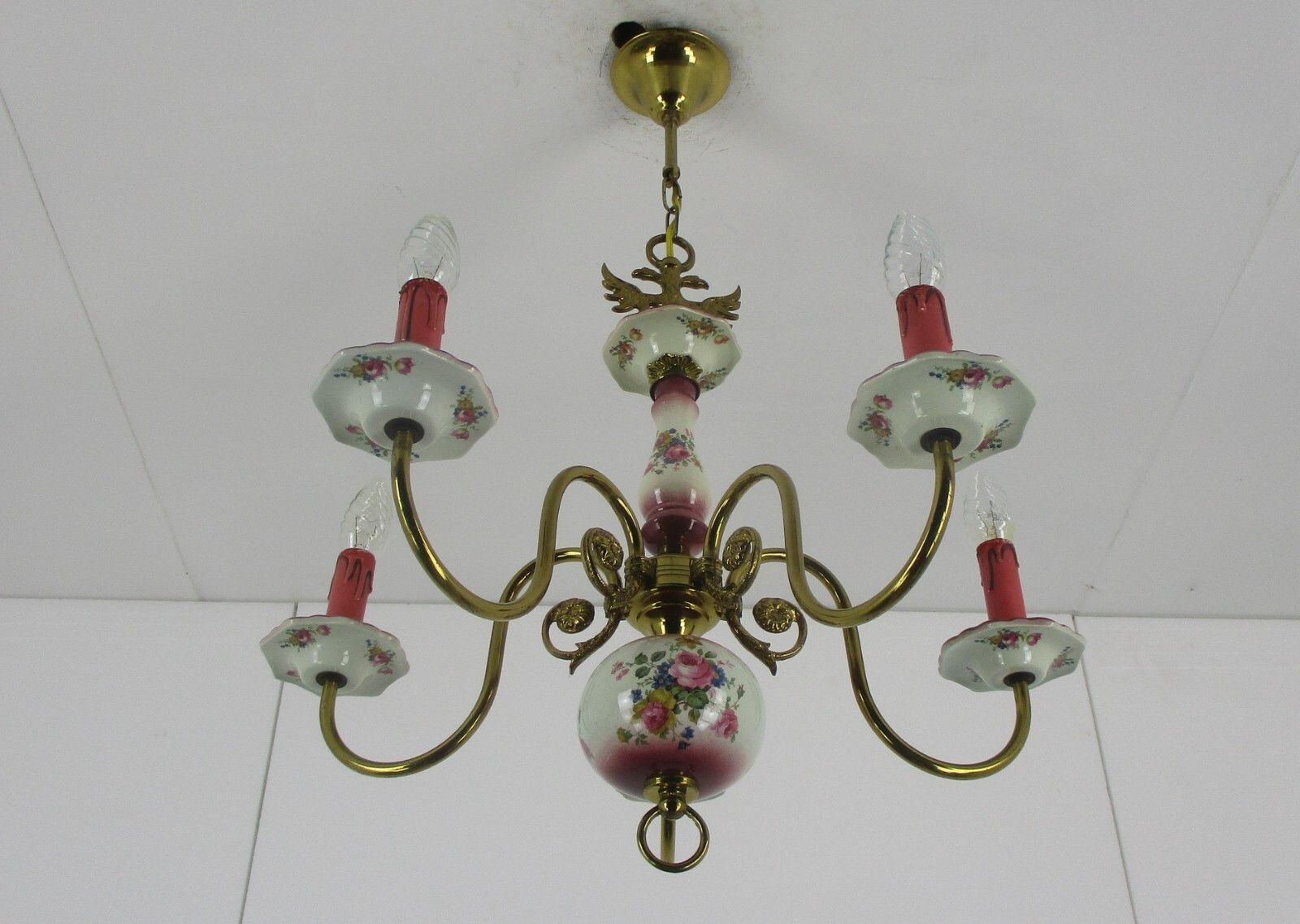 Chandelier 5 Arm Lights Italian  Porcelain Flowers Ornate Brass Mid Century photo for sale