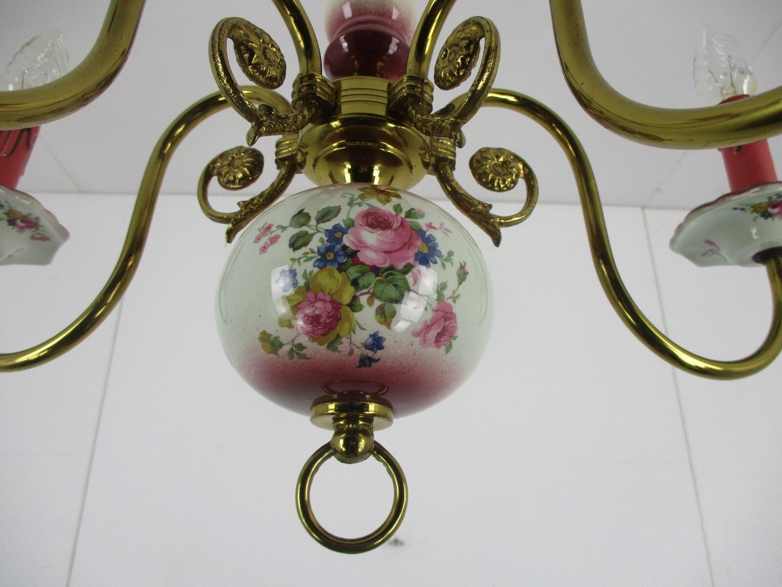 Chandelier 5 Arm Lights Italian  Porcelain Flowers Ornate Brass Mid Century photo Lighting