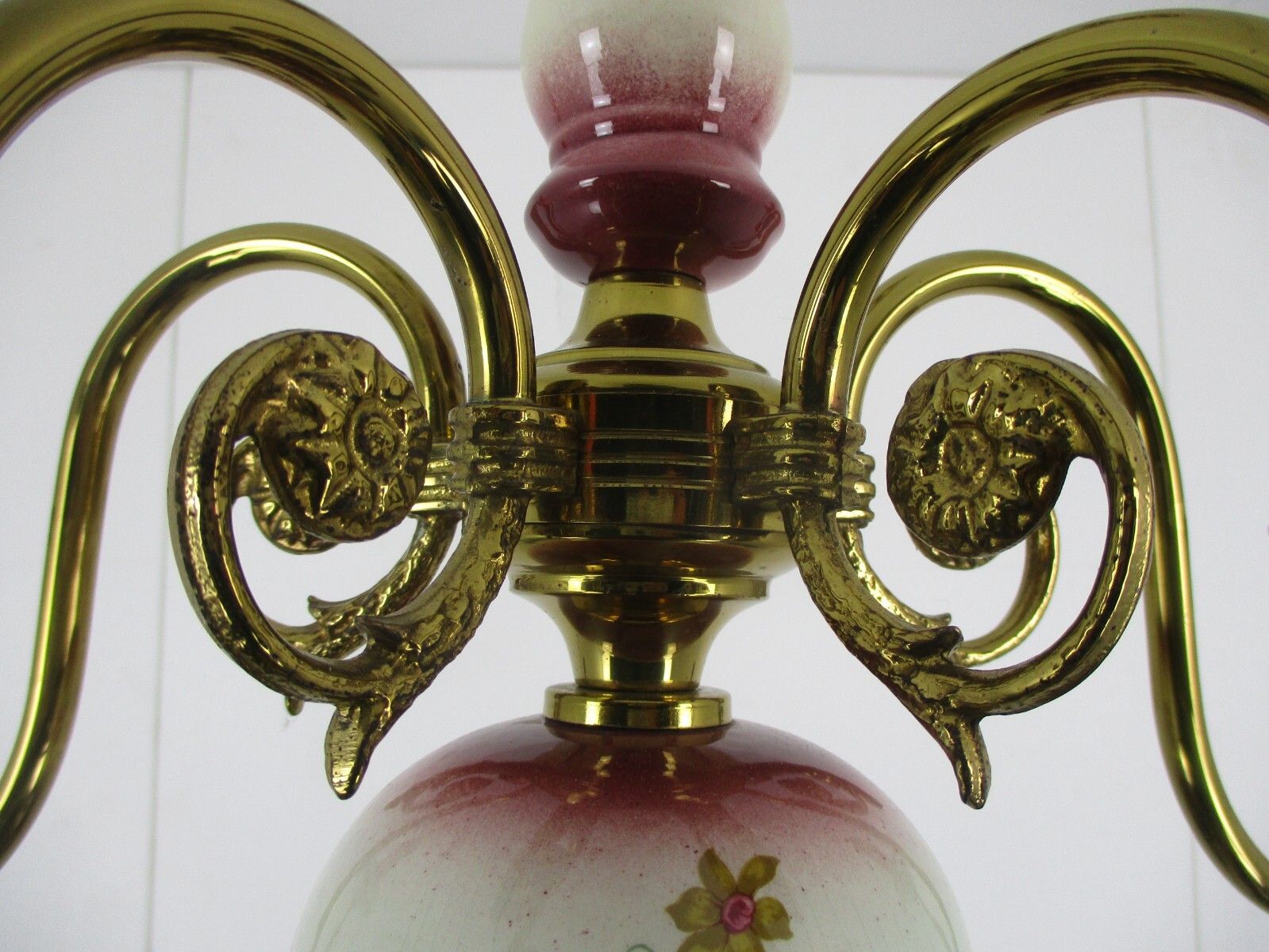 Chandelier 5 Arm Lights Italian  Porcelain Flowers Ornate Brass Mid Century photo buy