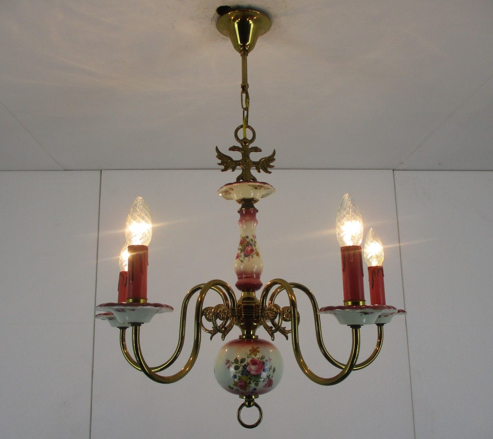 photo furniture Chandelier 5 Arm Lights Italian  Porcelain Flowers Ornate Brass Mid Century