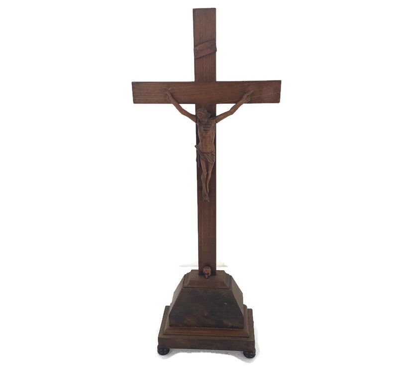 Standing Crucifix Cross Hand Carved Wood  Art Piece Corpus French Magnificent
