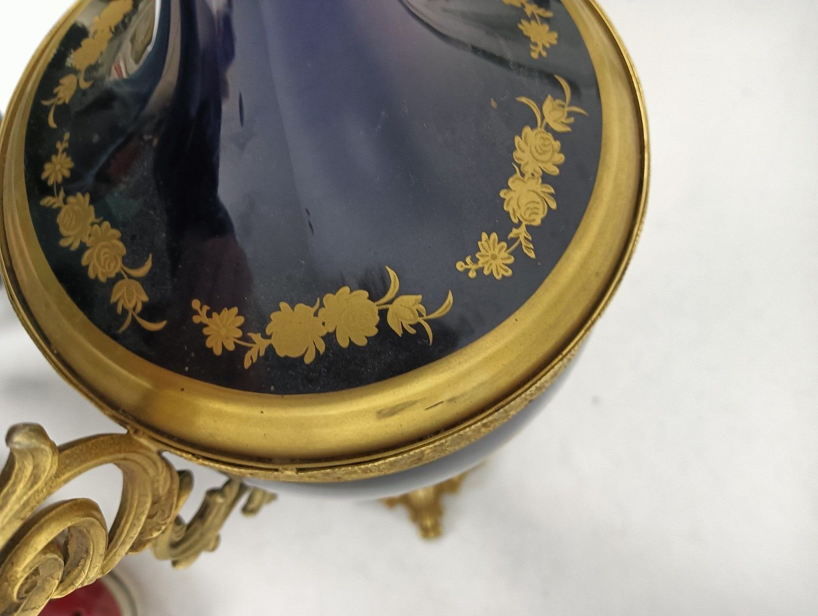Set Of 3 Garniture Porcelain Brass Mantlepiece Vases Urns Marked Sèvres France photo buy