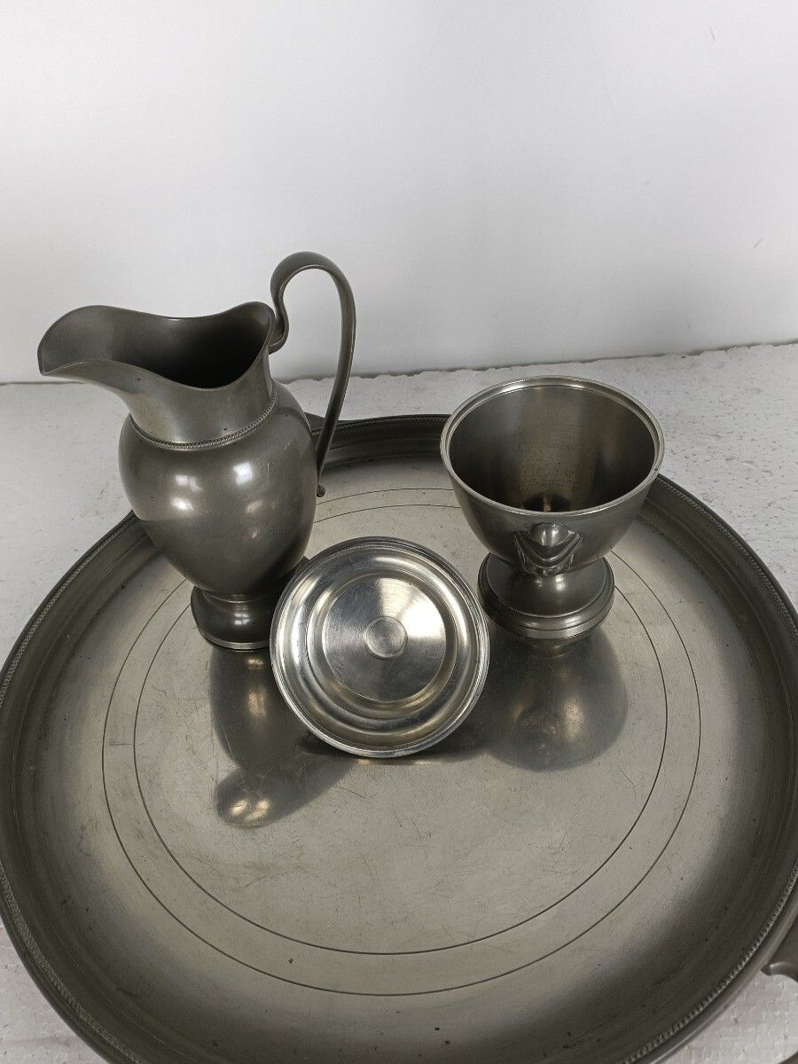 Antique Art Deco Tea Coffee Set Robert Pompe Design Belgium Pewter 5 Pcs Marked photo 202.0
