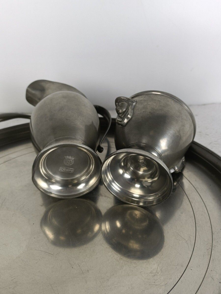 photo furniture Antique Art Deco Tea Coffee Set Robert Pompe Design Belgium Pewter 5 Pcs Marked
