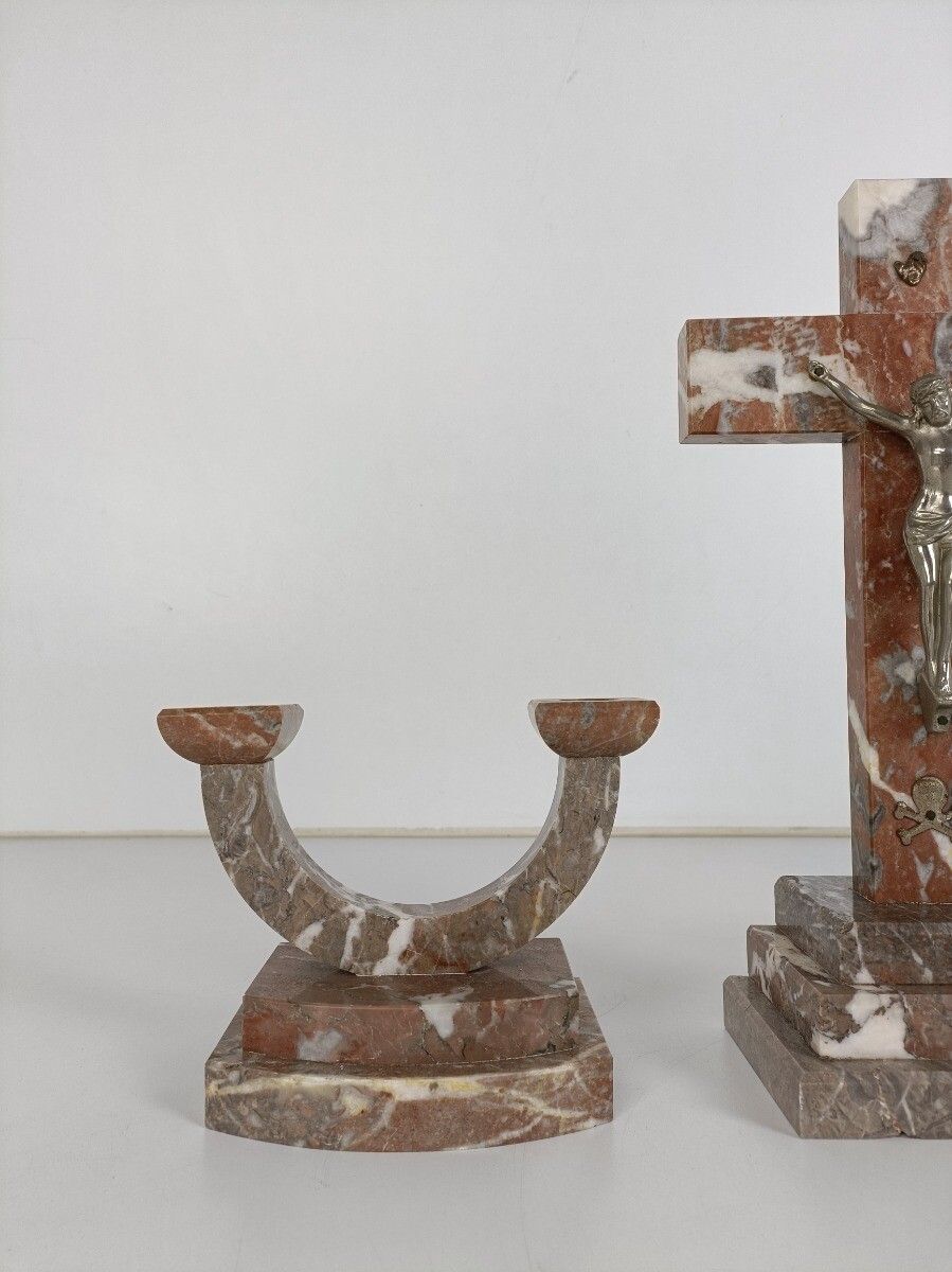 Art Deco Altar Set Standing Crucifx Two Candle Holders Marble Onyx Antique Gorge photo Home Decor