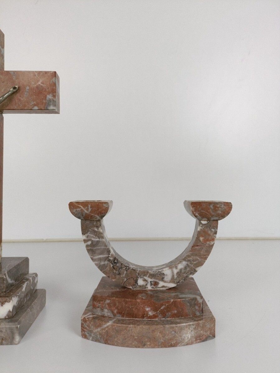 Art Deco Altar Set Standing Crucifx Two Candle Holders Marble Onyx Antique Gorge photo 244.0