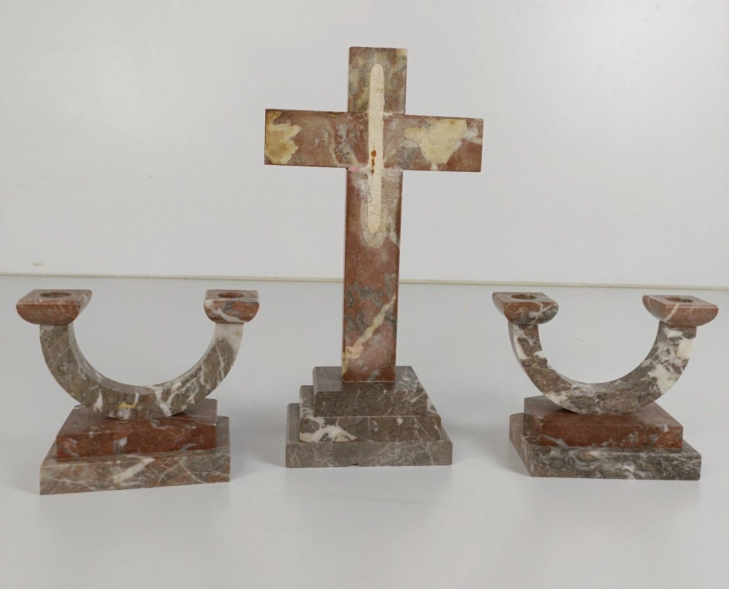 Home Decor Art Deco Altar Set Standing Crucifx Two Candle Holders Marble Onyx Antique Gorge photo