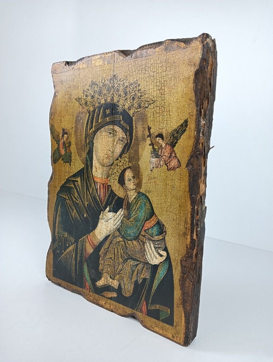 Vintage Wooden Icon  Perpetual Help Print On Wood Infant Child Madonna photo Art