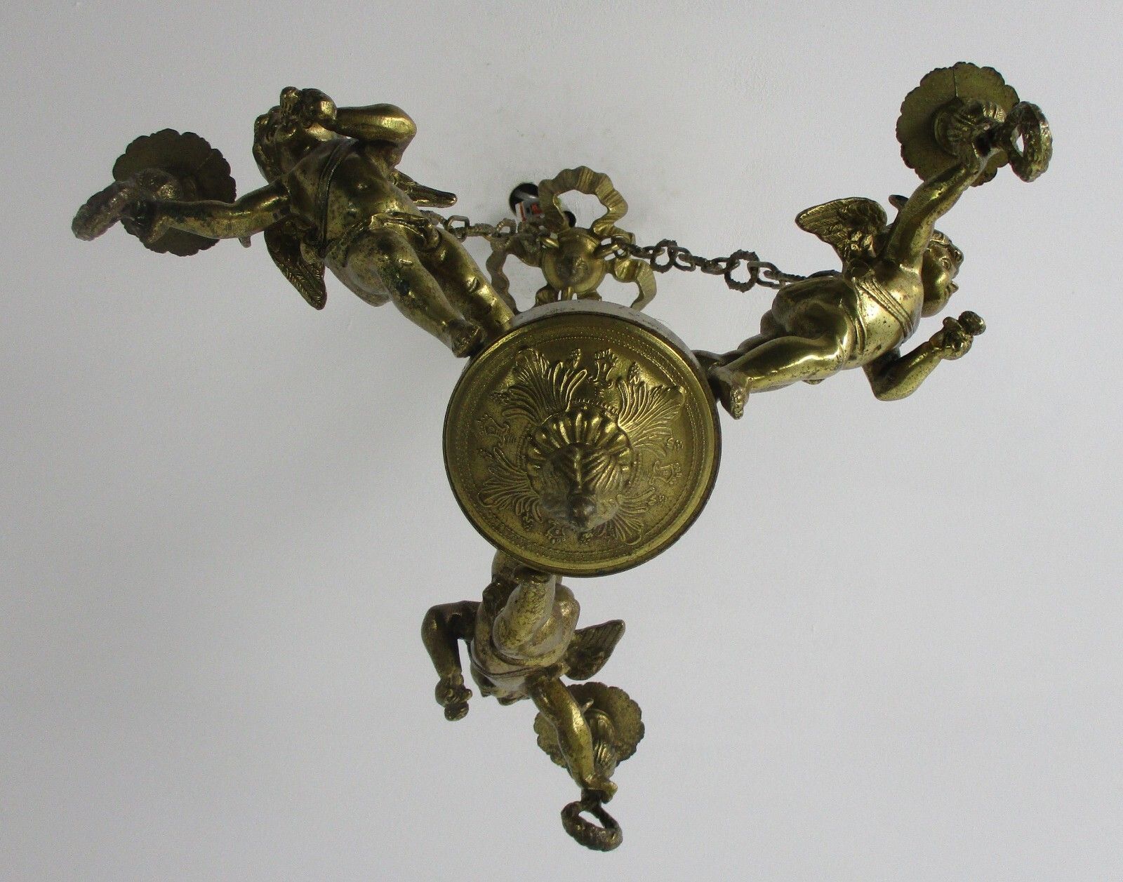 French Bronze Chandelier 3 Lights Arms Putti Cherub Hollywood Regency Romantic photo for sale
