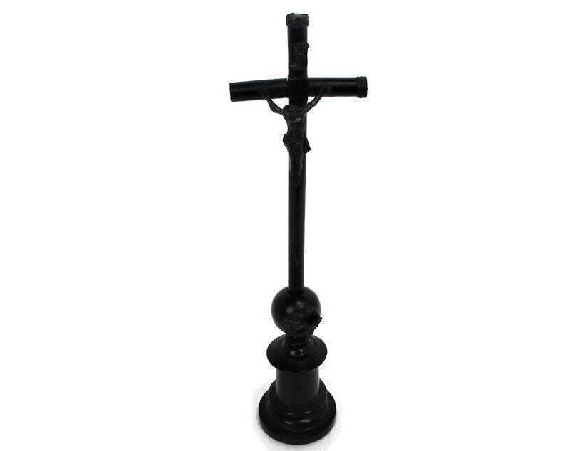 Antique Dark Carved Wood Table Standing Crucifix Round Base Brass Corpus Snake W
