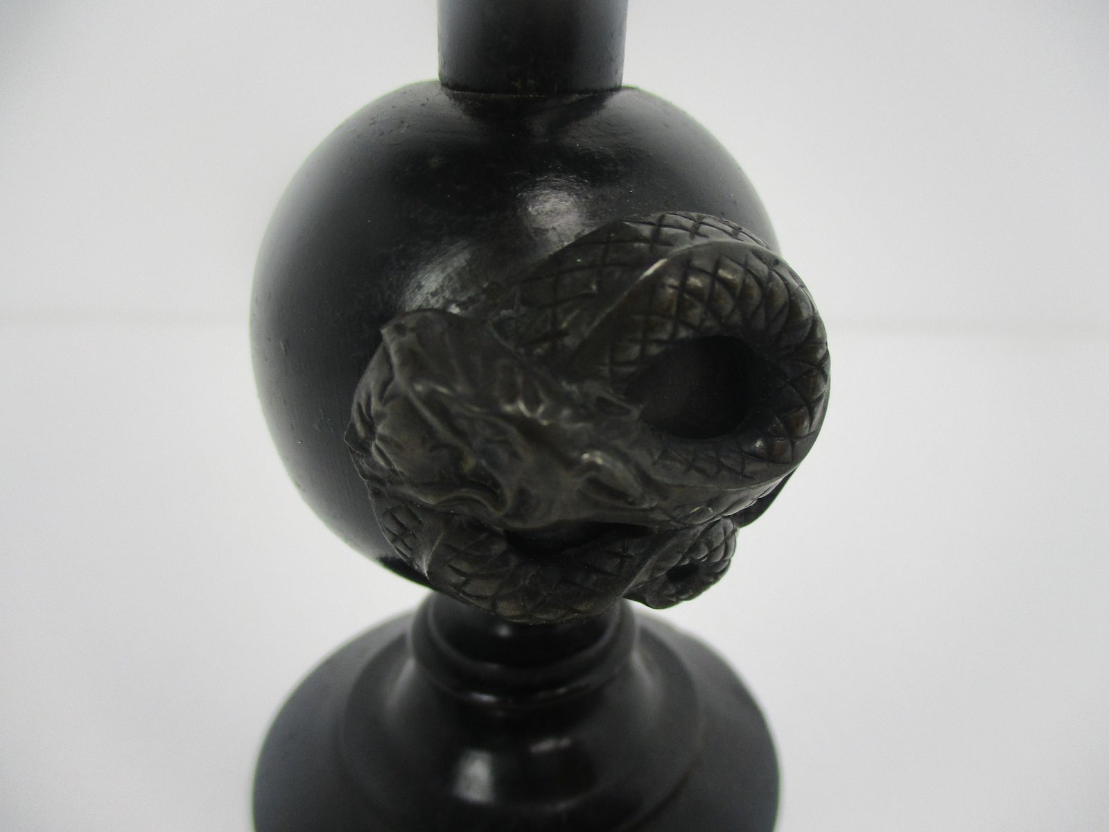 Antique Dark Carved Wood Table Standing Crucifix Round Base Brass Corpus Snake W photo for sale