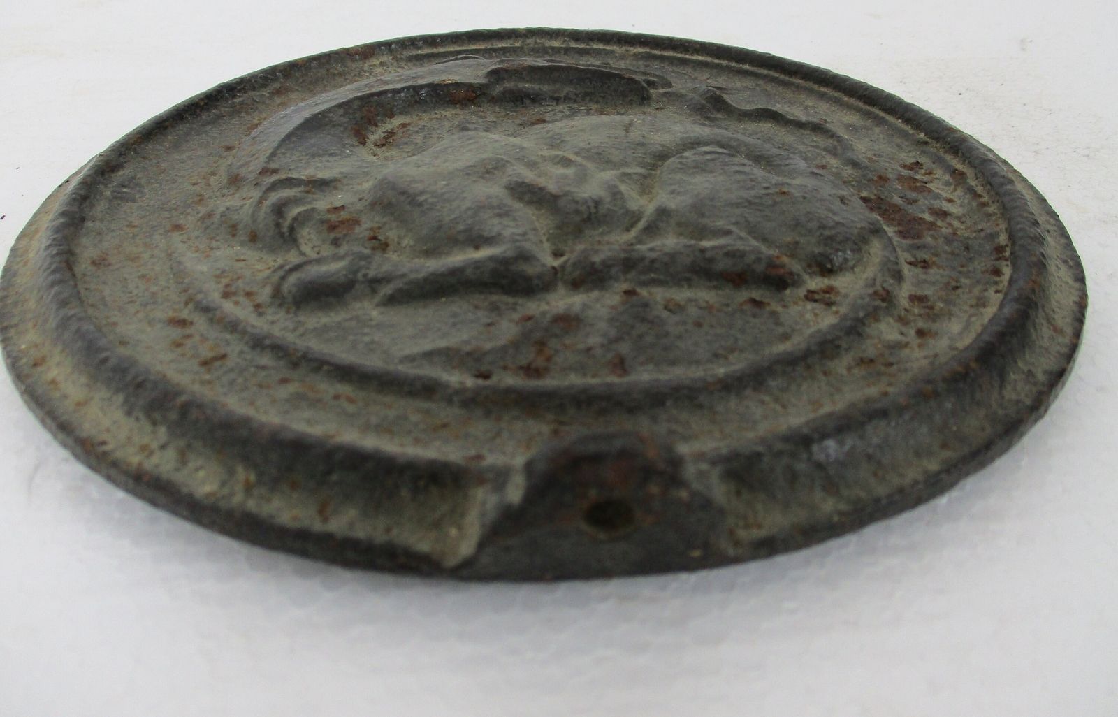 Heavy Antique Rustic Authentic Primitive Iron Lid Plaque Dragon Gothic Rare photo for sale