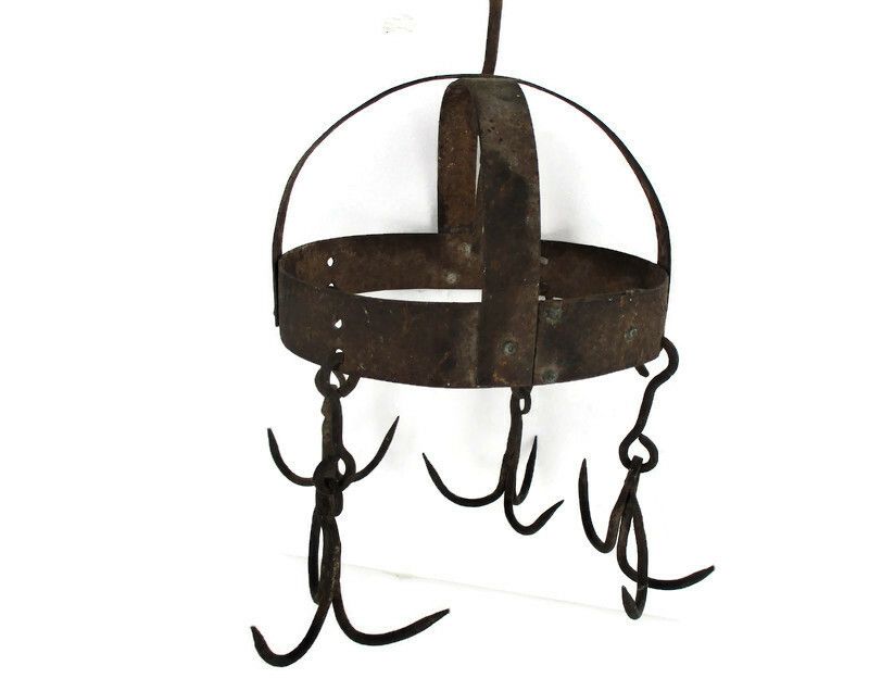 Antique Hanging Butcher Rack Cast Wrought Iron 4 Hooks French 18th C Barn Style