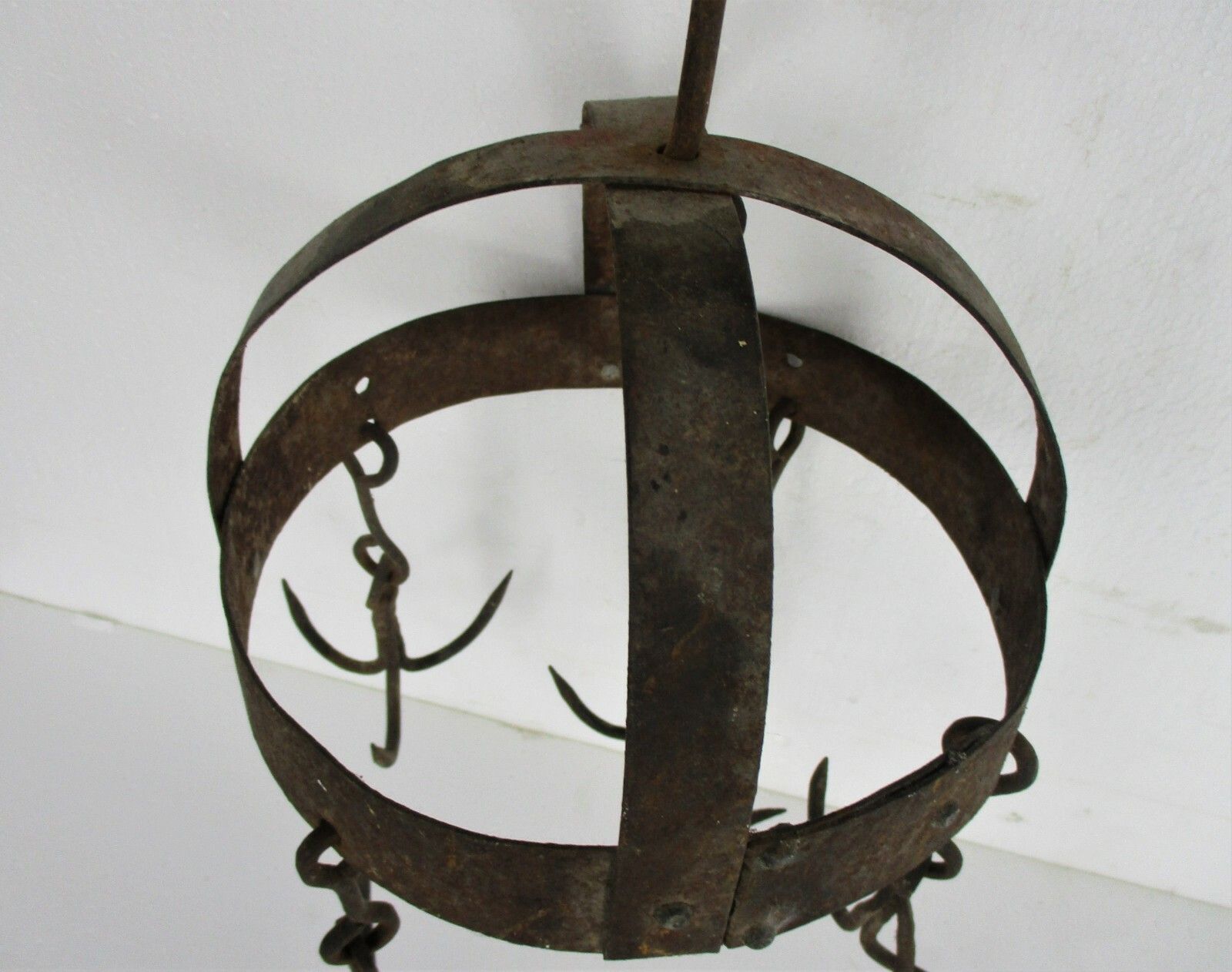 Antique Hanging Butcher Rack Cast Wrought Iron 4 Hooks French 18th C Barn Style photo 427.0