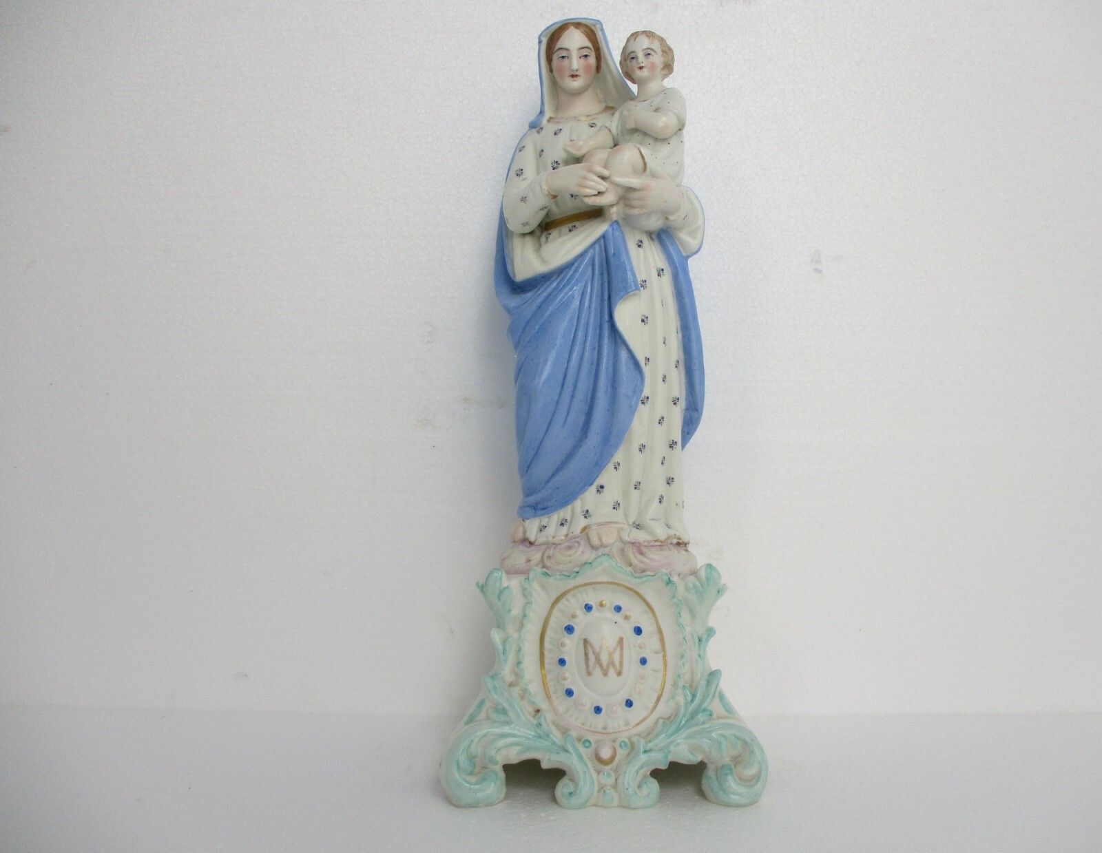 French Antique  Bisque Statue Virgin Mary Lady Madonna Infant Polychrome 15.94" photo furniture