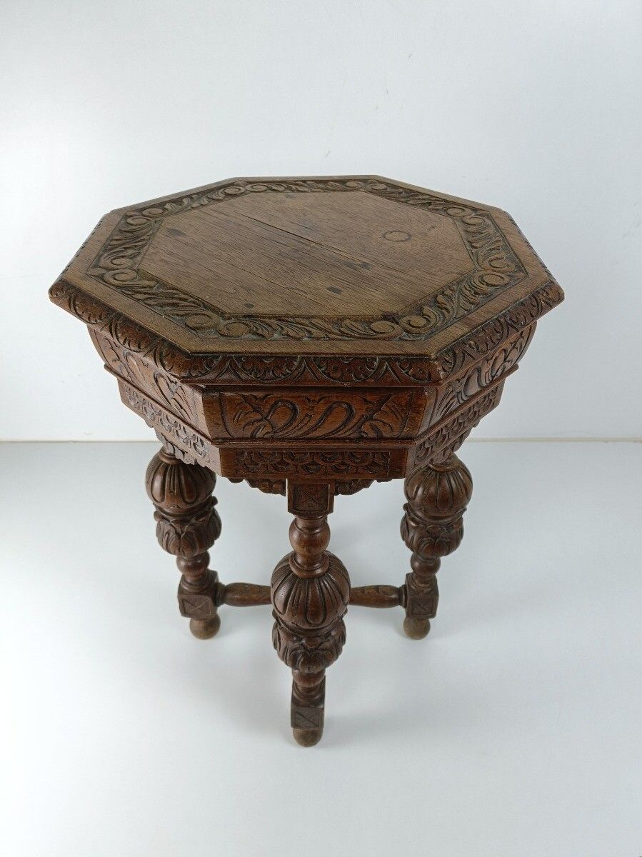 Exquisite Side Table Antique 19th Century Octagonal Hand Carved Ornate Wood photo for sale