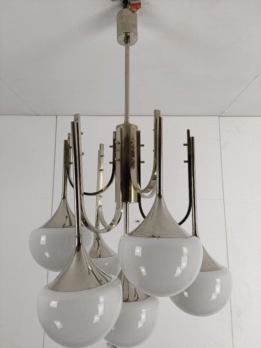 photo furniture Mid Century Atomic Sputnik Trumpet Chrome Chandelier Opaline Shades Balls  Sciol