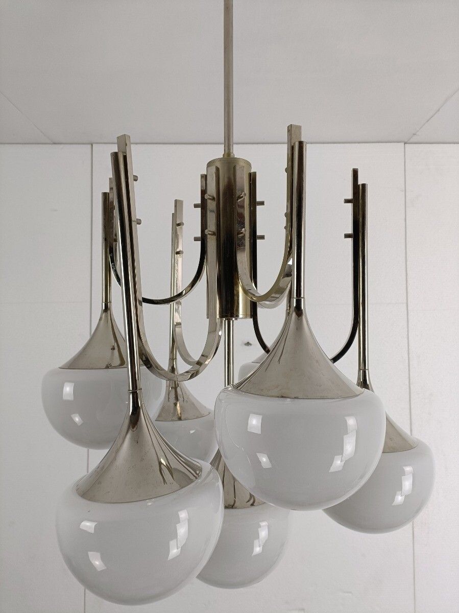 photo for sale Mid Century Atomic Sputnik Trumpet Chrome Chandelier Opaline Shades Balls  Sciol