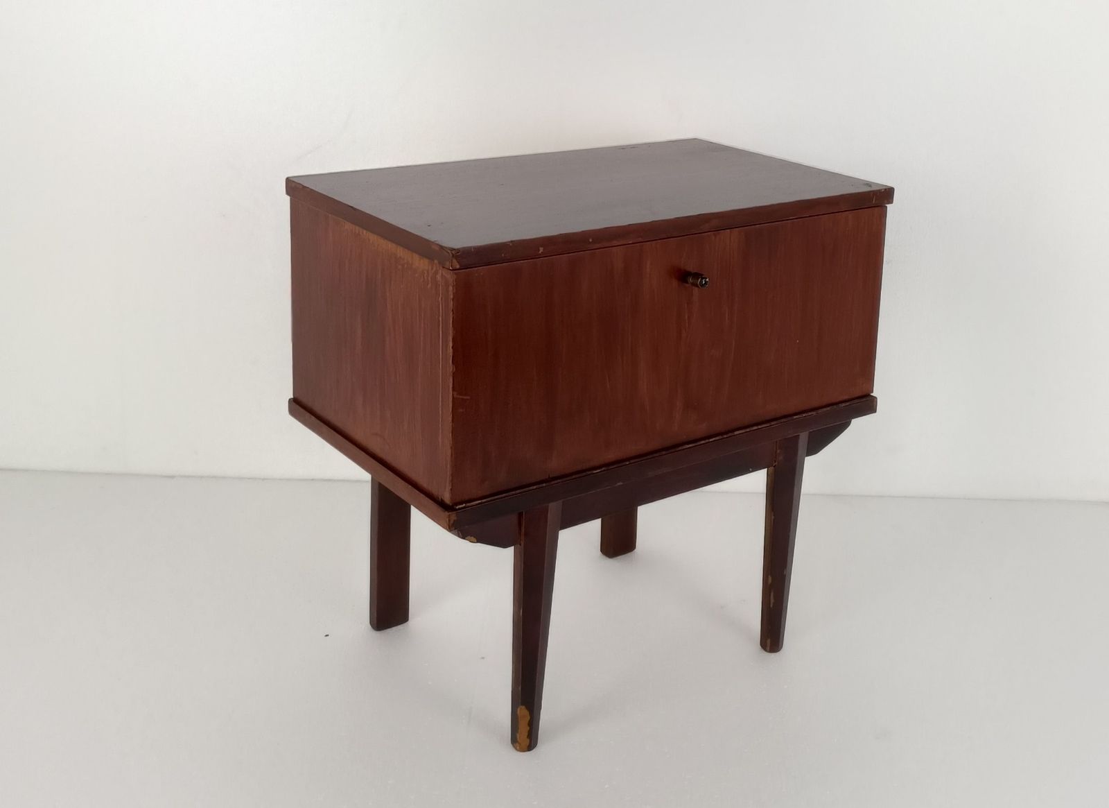 Vintage Retro Modernist Wooden Nightstand Cabinet End Table Funky Iron Legs photo furniture