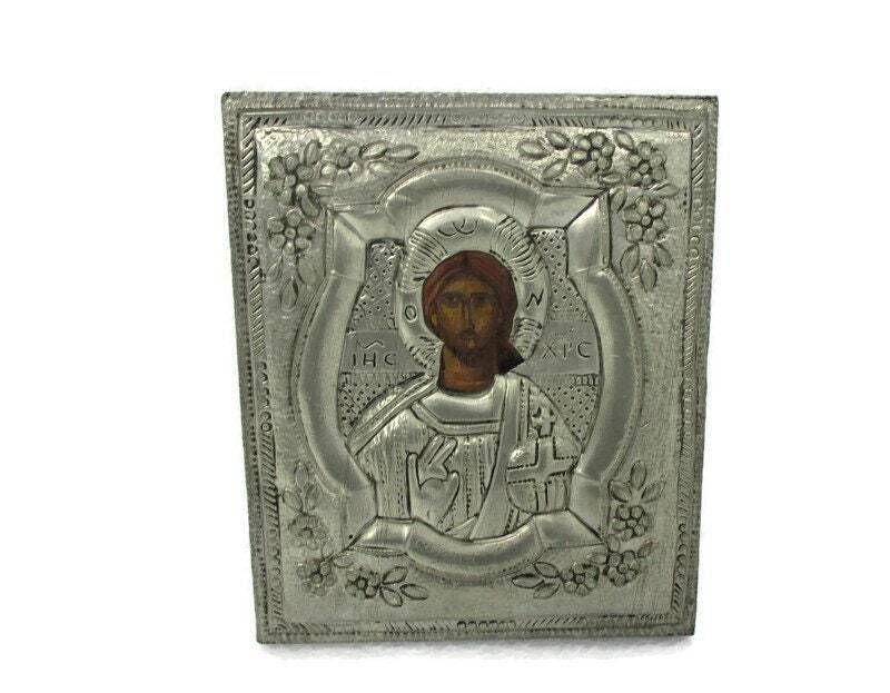 Vintage Traveling Icon Metal Paper Painted On Wood Our Lord Jesus Christ Handmad