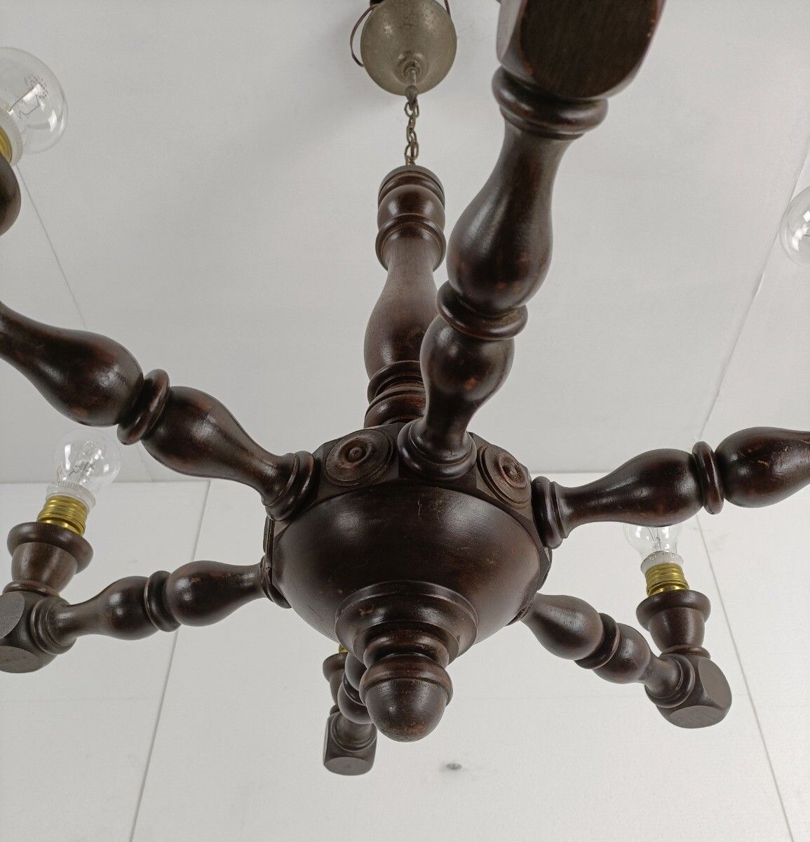Art Deco Style Hand Carved Wooden Chandelier 6 Arm 6 Lights Vintage Barn Farmhou photo vinterior