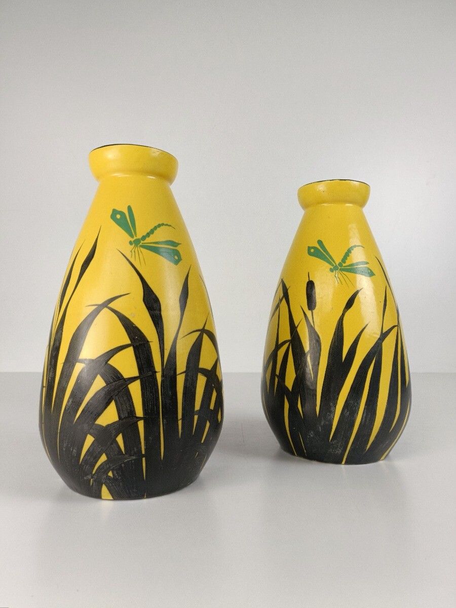 Pair Antique Art Deco Vases Hand Painted Auguste Mouzin La Majolique Wasmuel Bel photo for sale