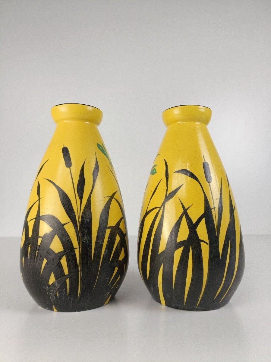 Pair Antique Art Deco Vases Hand Painted Auguste Mouzin La Majolique Wasmuel Bel photo vinterior