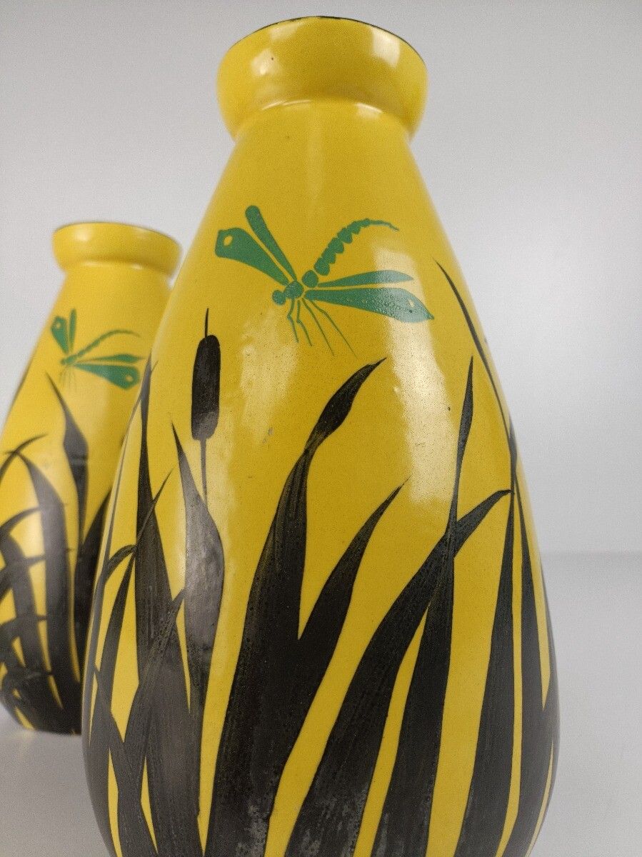 photo for sale Pair Antique Art Deco Vases Hand Painted Auguste Mouzin La Majolique Wasmuel Bel