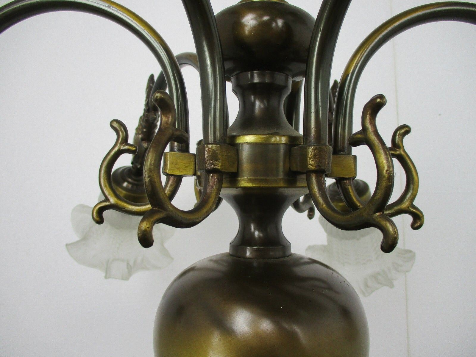 Flemish Dutch Chandelier 6 Arm Lights Brass Fish  Barn Style Tulip Glass Shades photo vintage