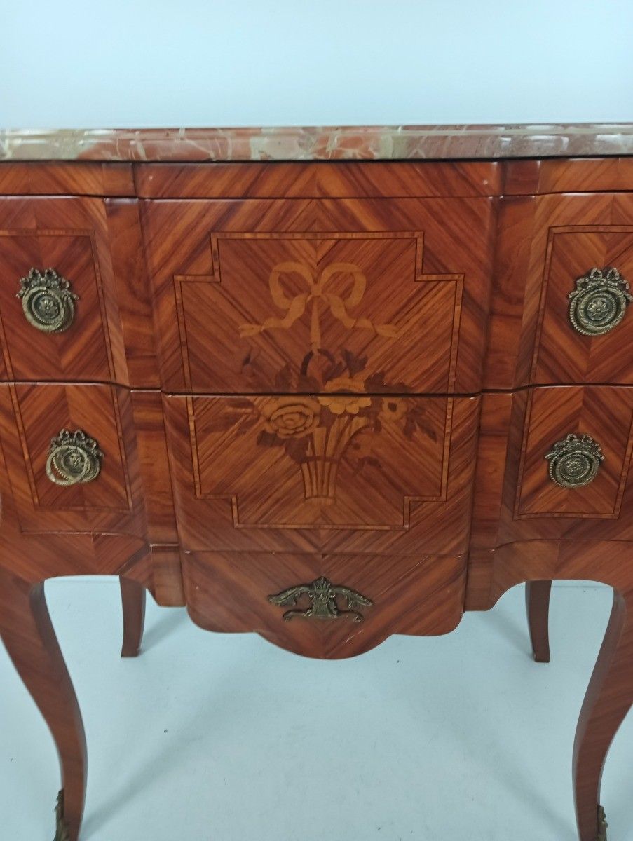 Cabinet Wood Marble Top Inlay Marquetry Brass Trims Commode End Table Vintage Wo photo vinterior