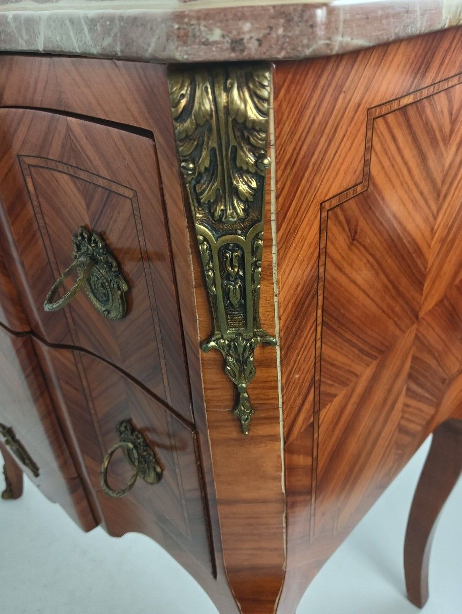 photo for sale Cabinet Wood Marble Top Inlay Marquetry Brass Trims Commode End Table Vintage Wo