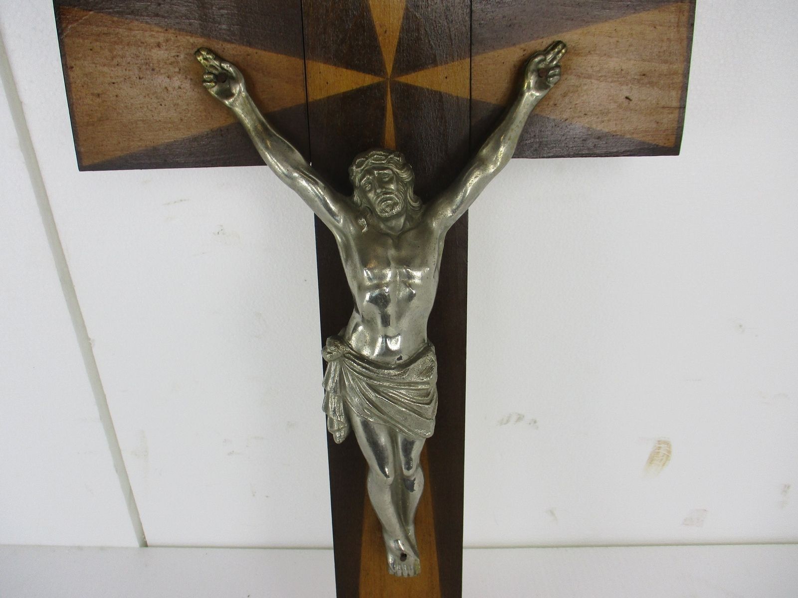 Large Two Toned Wooden Hanging Crucifix Cross Jesus Christ Faux Brass Spelter  C photo for sale