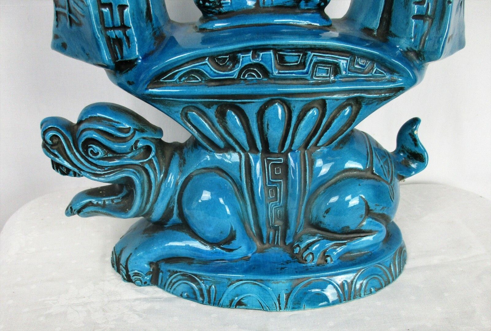 Ceramic Buddha Statue Rimini Blue Foo Dog Temple Marked Arca Turquoise Lovely photo for sale