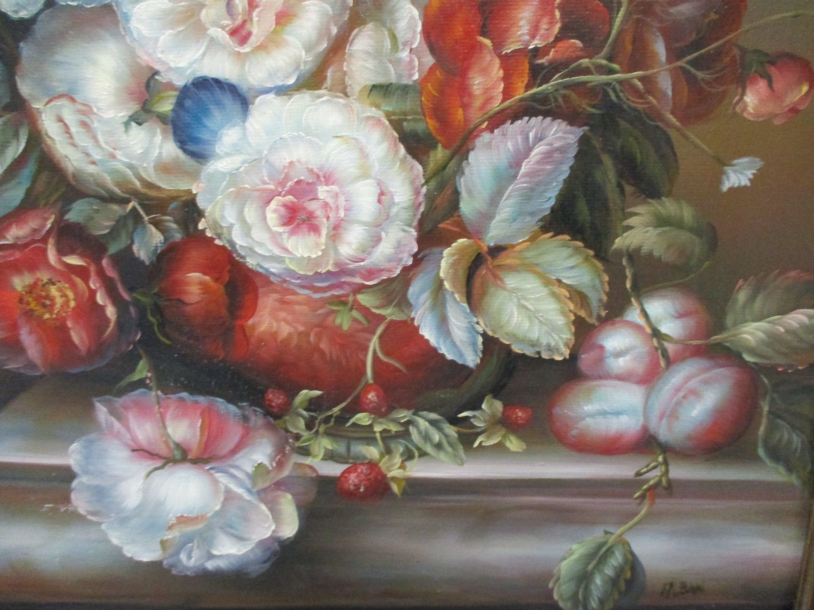 Oil Painting Canvas Wooden Frame Gorgeous Stillife Flowers Vase Signed photo vintage