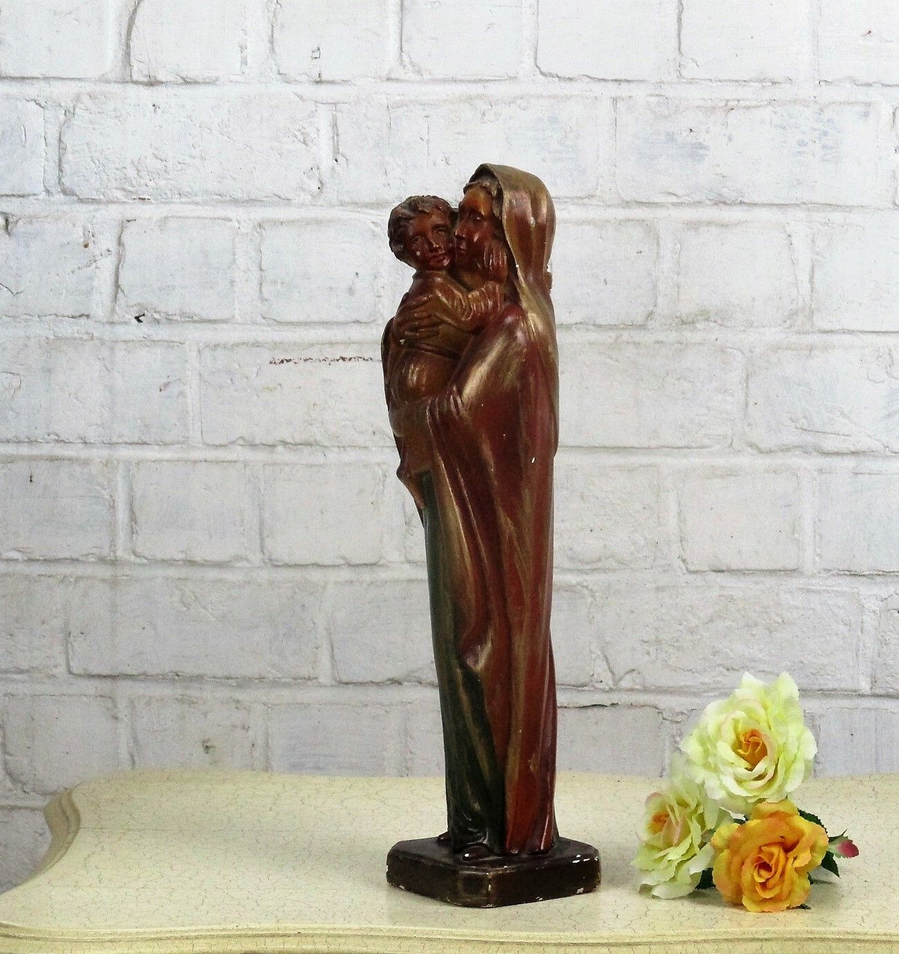 Polychrome Statue Madonna  Holy Mother Virgin Mary Infant Child Tenderness 15.7" photo Art