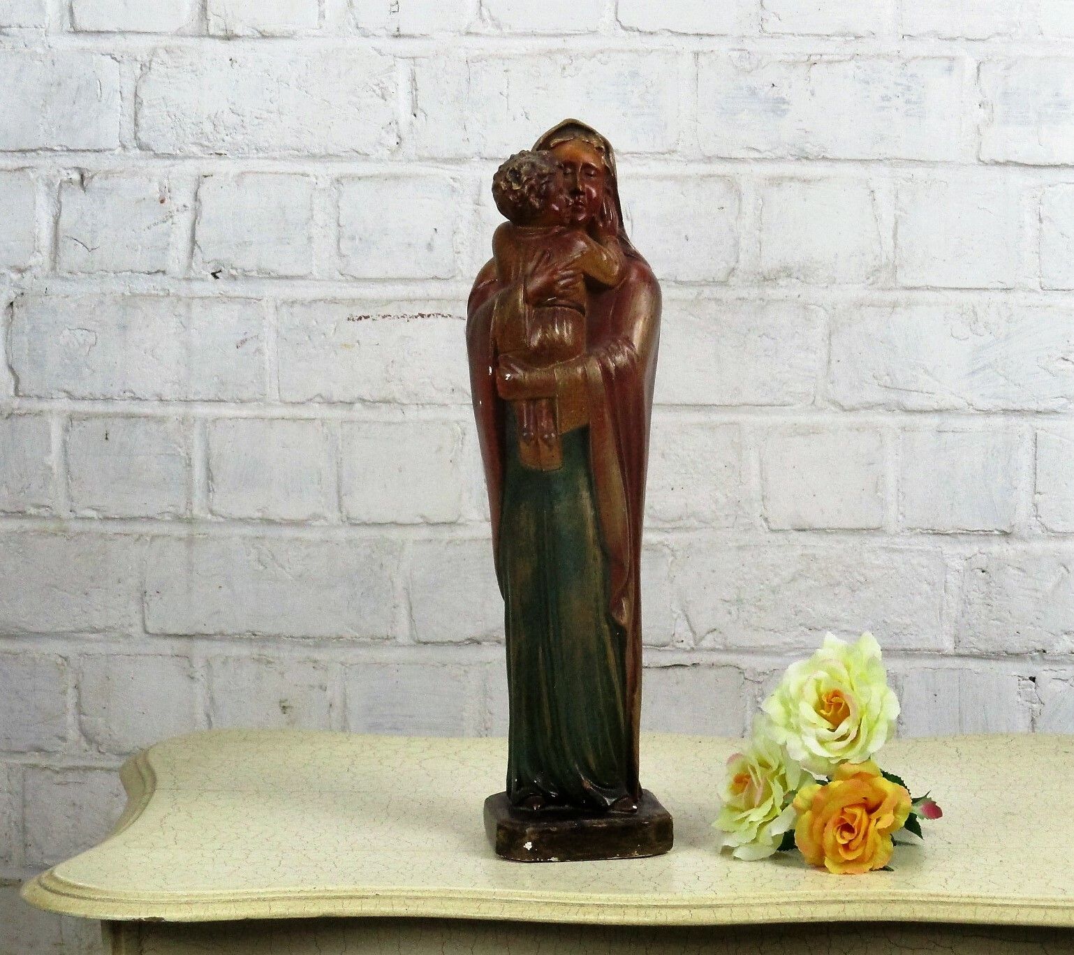 Polychrome Statue Madonna  Holy Mother Virgin Mary Infant Child Tenderness 15.7" photo 223.0