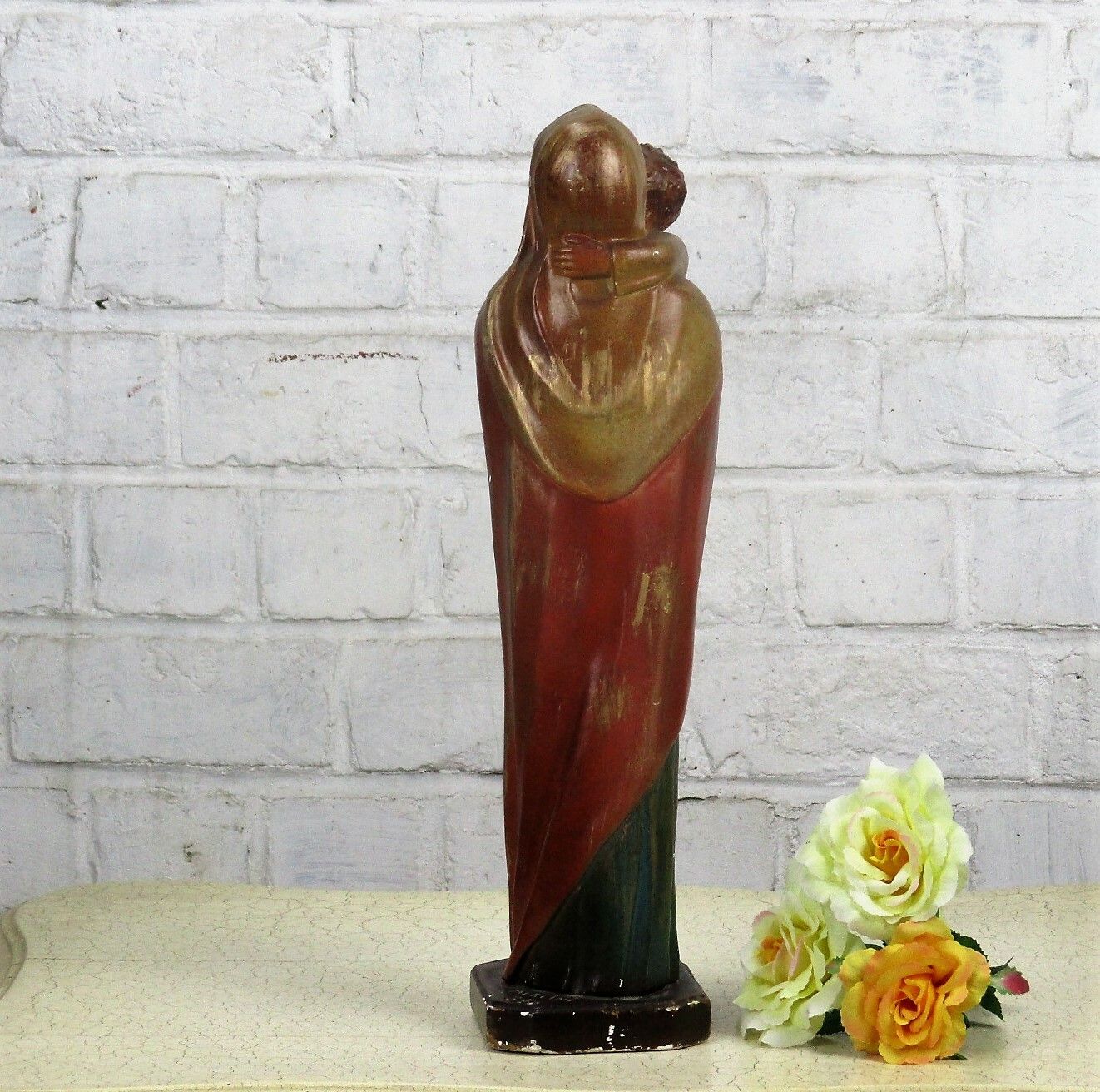 Polychrome Statue Madonna  Holy Mother Virgin Mary Infant Child Tenderness 15.7" photo vintage
