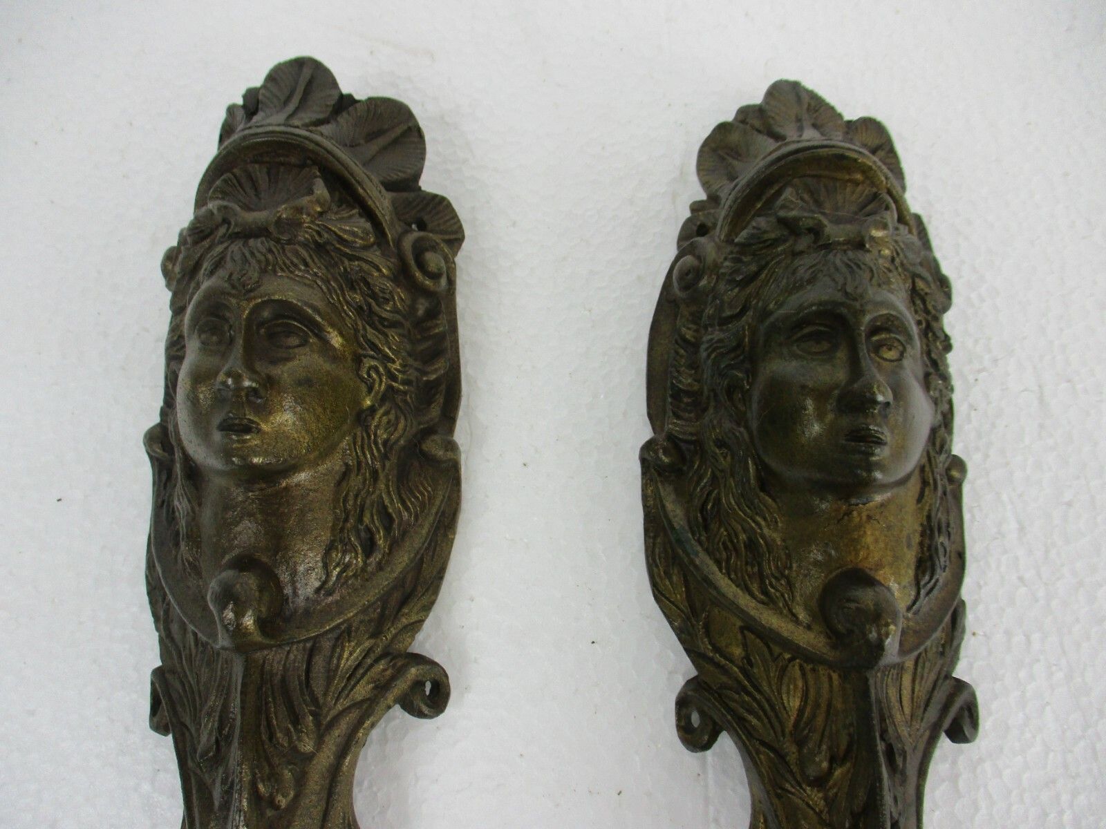 Pair Antique Brass Furniture Trim Mythical Female Head Reclaimed  Architectural photo for sale