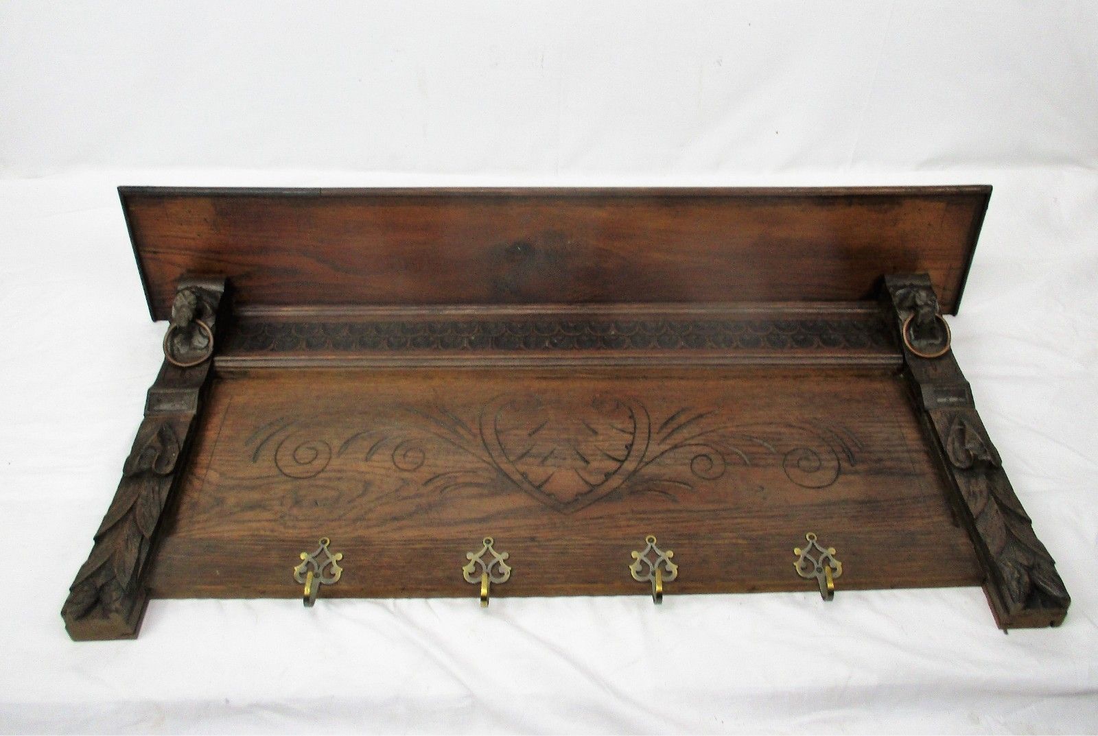 Gorgeous Hand Carved Wood Coat Hat Kitchen Hallway Rack  Ornate Lion Heads 40" photo furniture