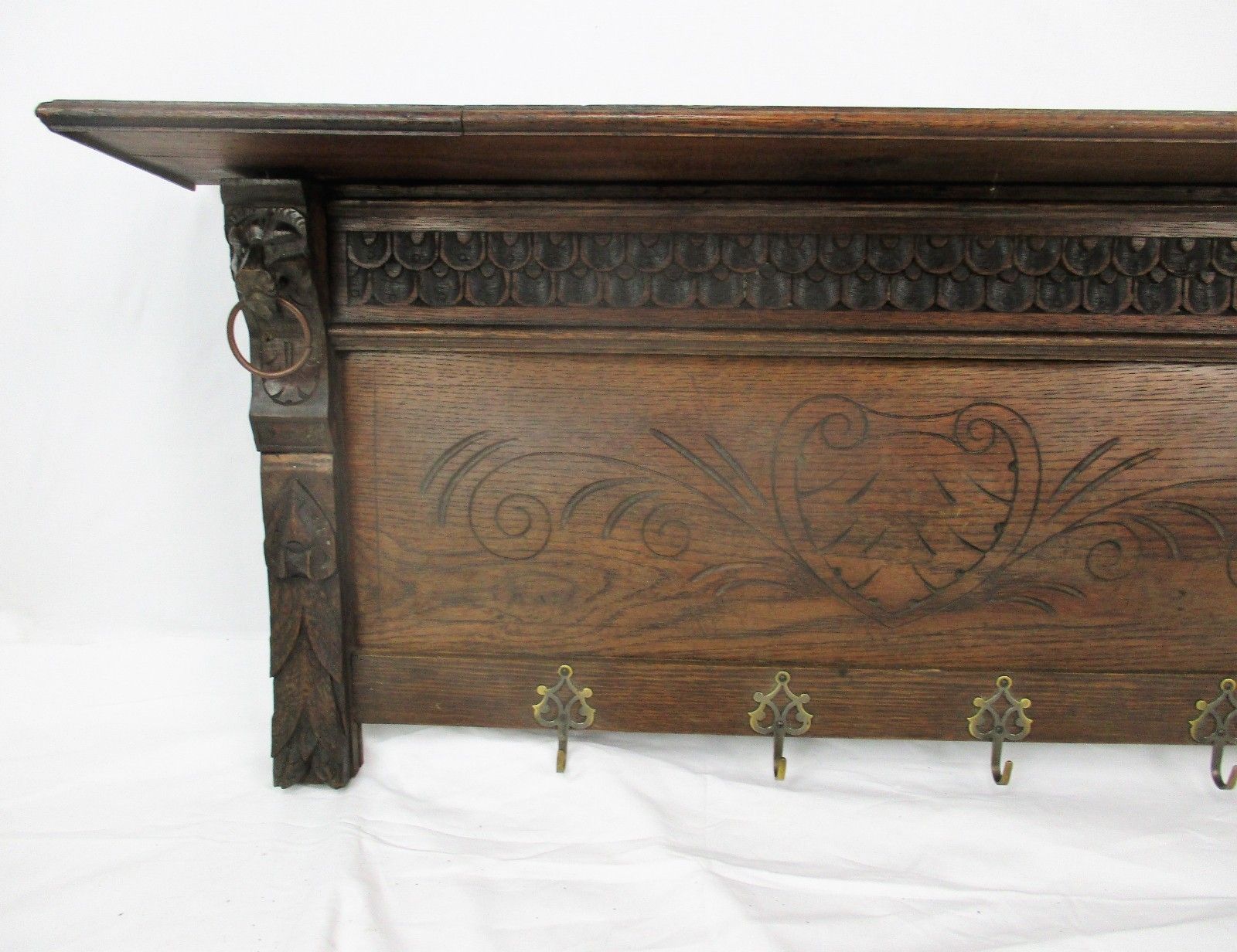 photo for sale Gorgeous Hand Carved Wood Coat Hat Kitchen Hallway Rack  Ornate Lion Heads 40"