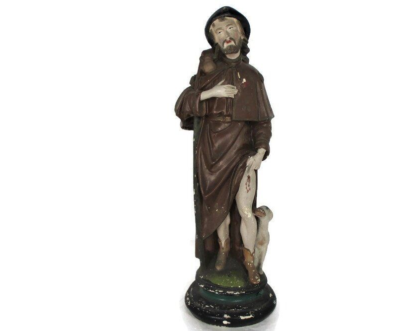 Statue Saint Roch Rocchus Rocco Plaster Patron Of Dogs Bachelors Htf 18.3"