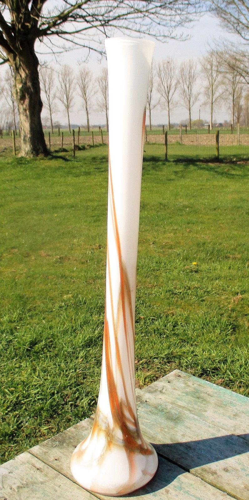 Large Italian Cased Opaline Art Glass Vase  Bottle  Orange Grey White Era Murano
