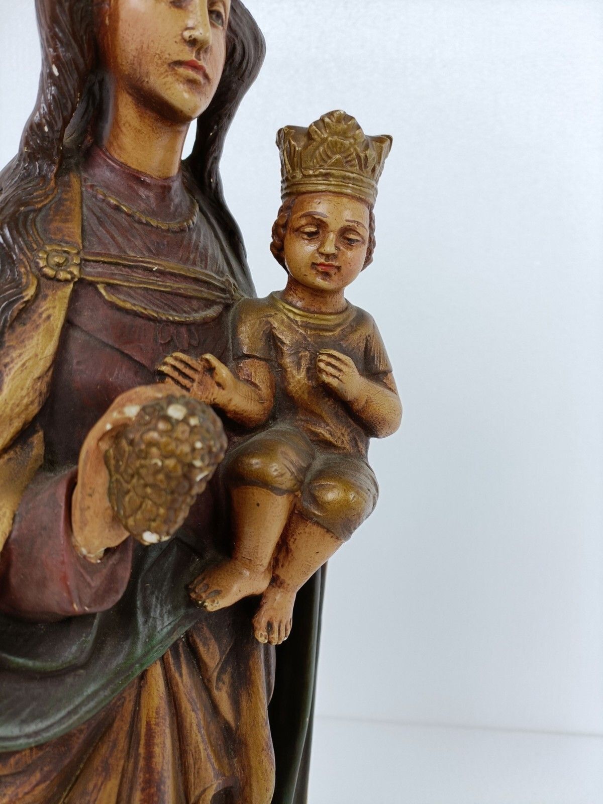Statue Our Lady Of Tongeren Black Madonna Infant Jesus Grapes Collector Plaster photo vinterior