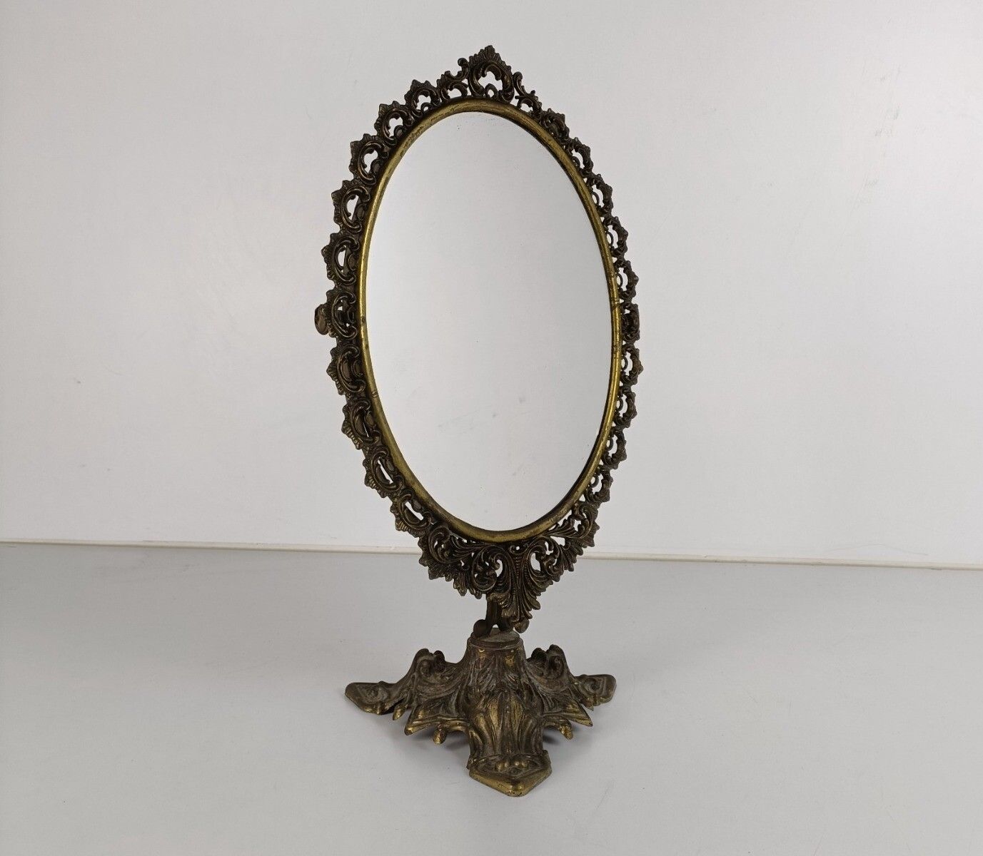 Rococo Ornate Brass Standing Adjustable Swivel Makeup Vanity Mirror Frame Swivel photo furniture