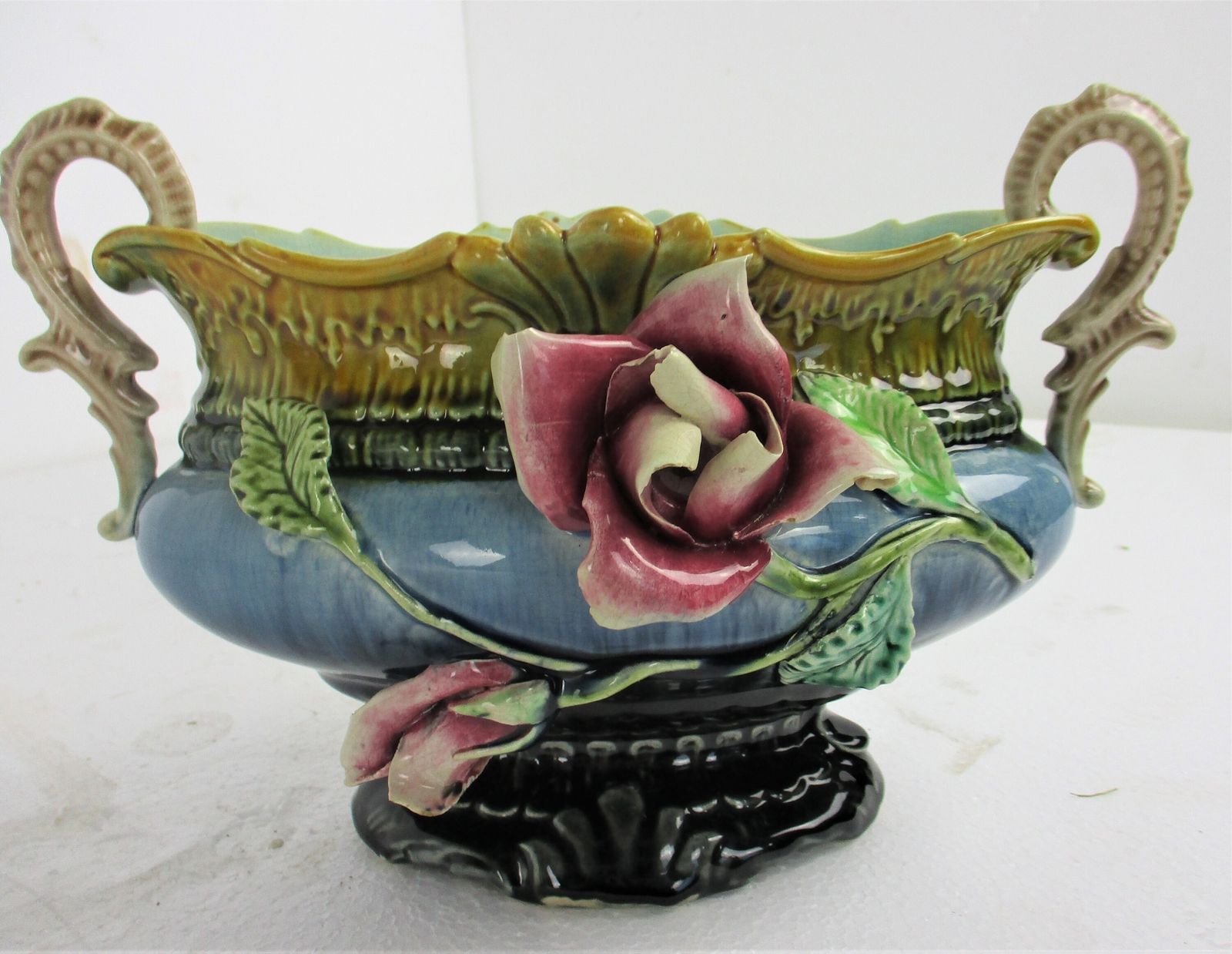 Set Of 3 French Barbotine Majolica Vases Planters Centerpiece Pitchers Art Nouve photo vinterior