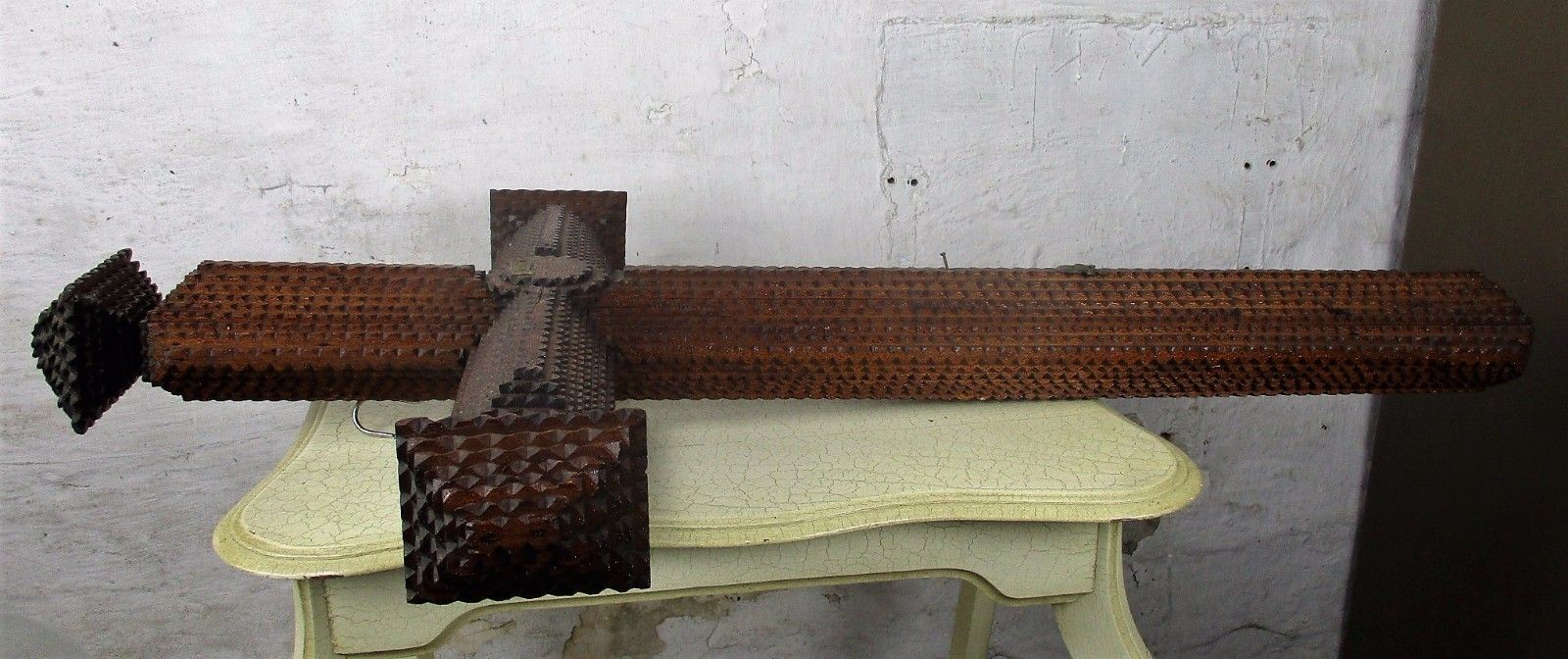 Xxxl Hanging Wooden Wall Crucifix Cross Folk Tramp  Church Art Extremely Htf 42" photo vintage