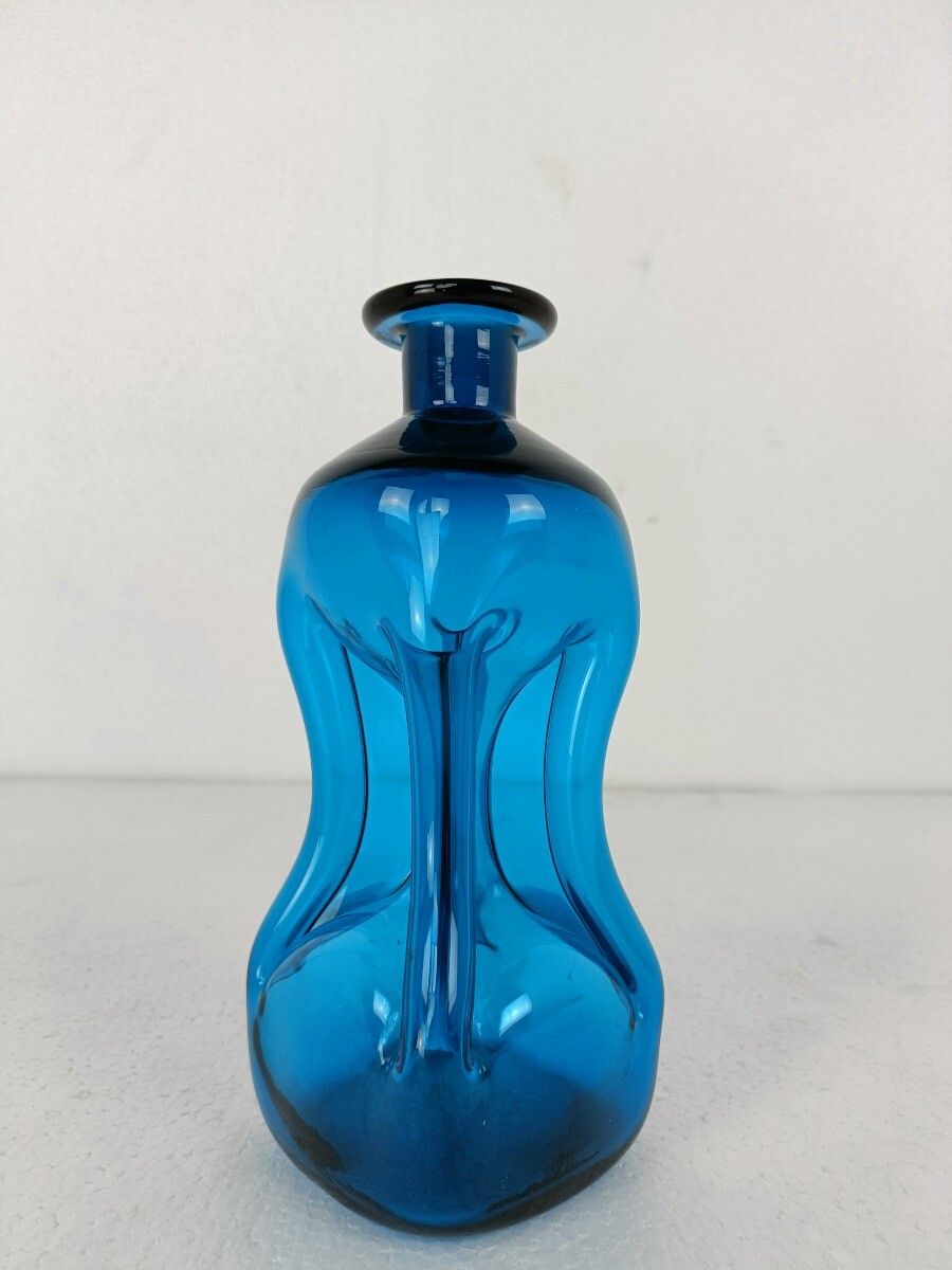 Funky Shaped Blue Green Vintage Art Glass Bottle Vase Pop Art photo for sale