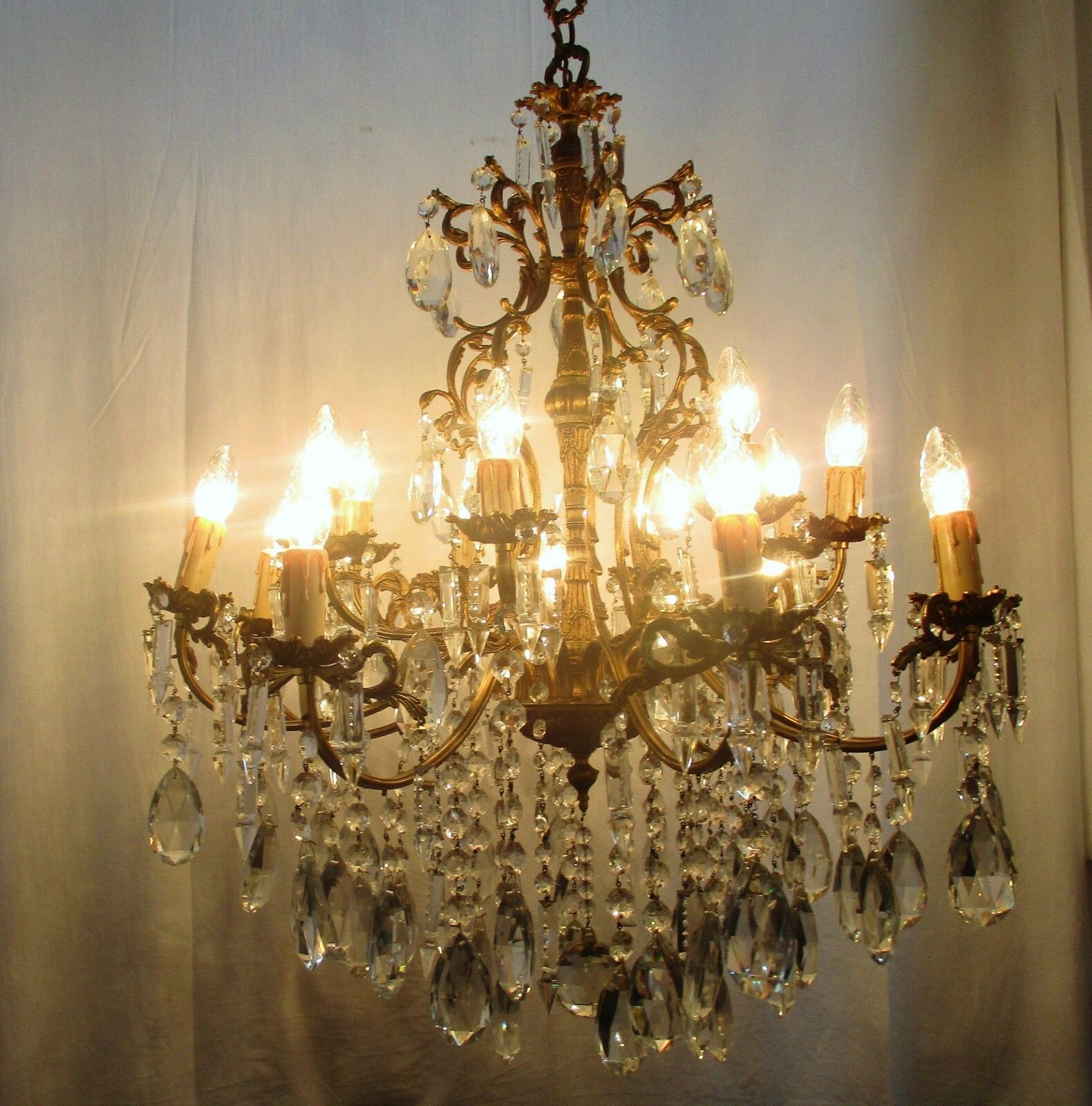 Impressive French Bronze Chandelier Crystal Prisms 16 Lights! Waterfall Htf photo furniture