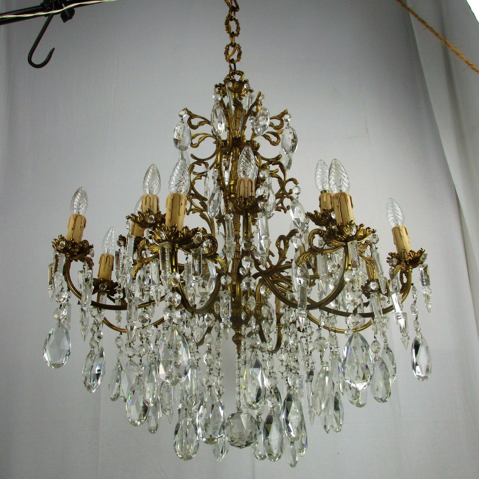 Impressive French Bronze Chandelier Crystal Prisms 16 Lights! Waterfall Htf photo 2893.0